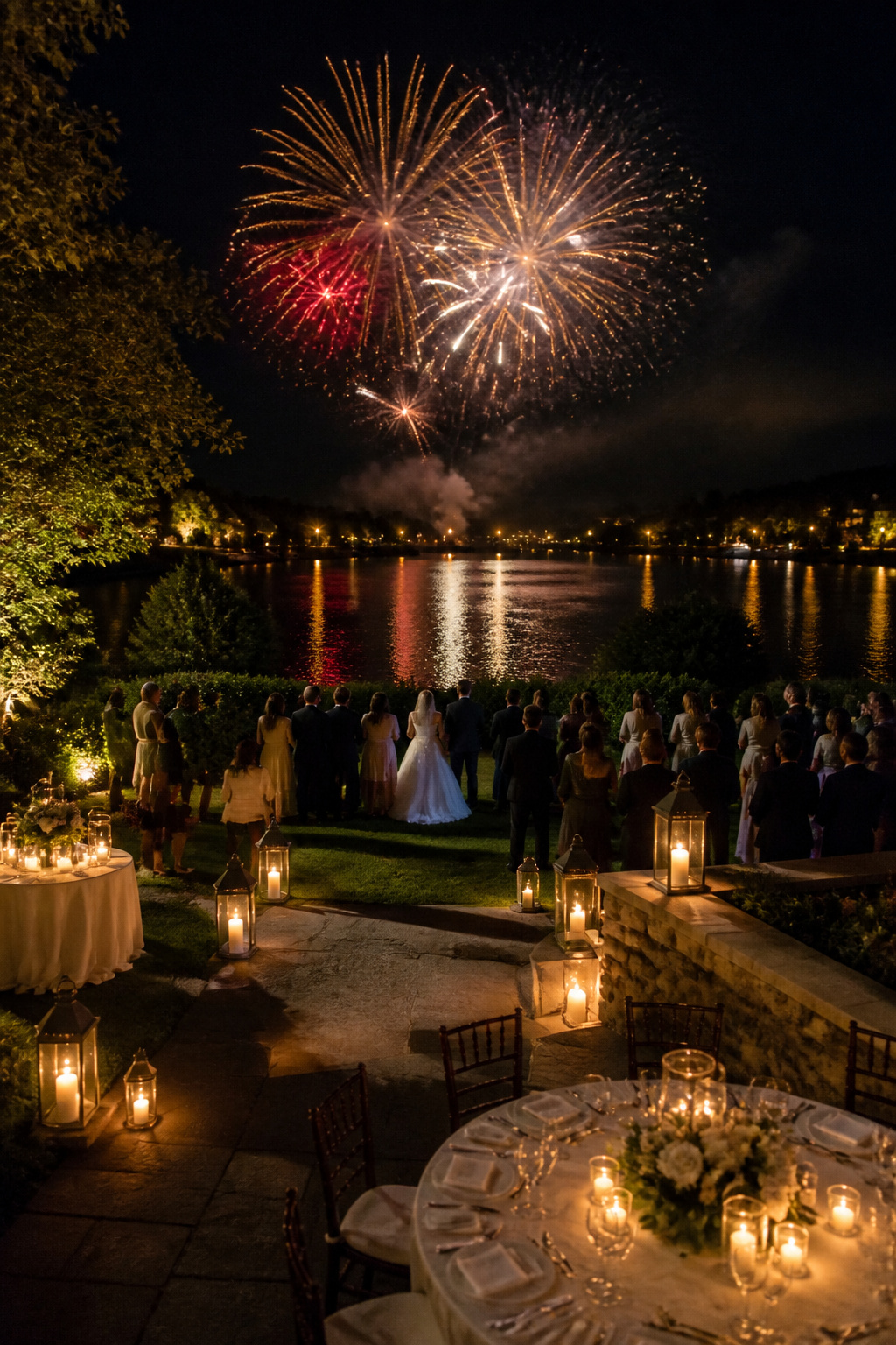 Fireworks display during a wedding reception.