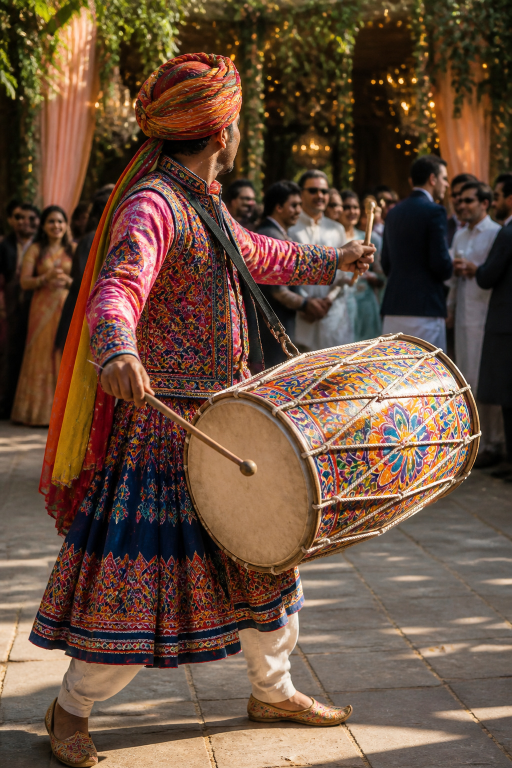 A drum performer engaging guests with rhythmic music at a wedding.
