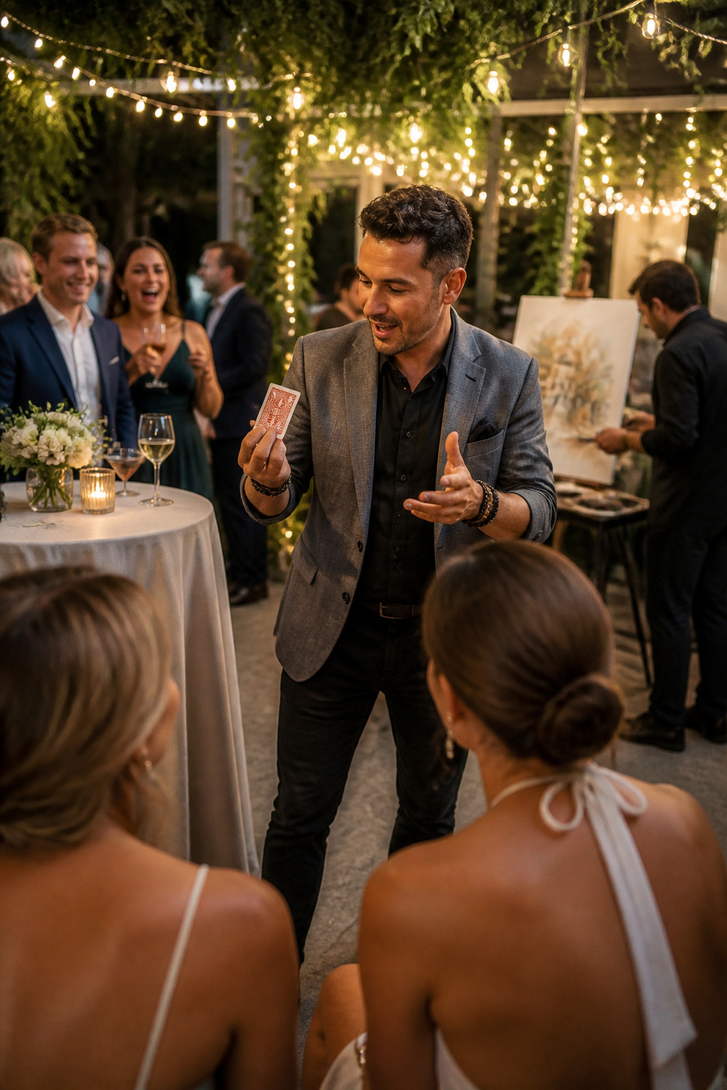 A magician performing for guests at a wedding.