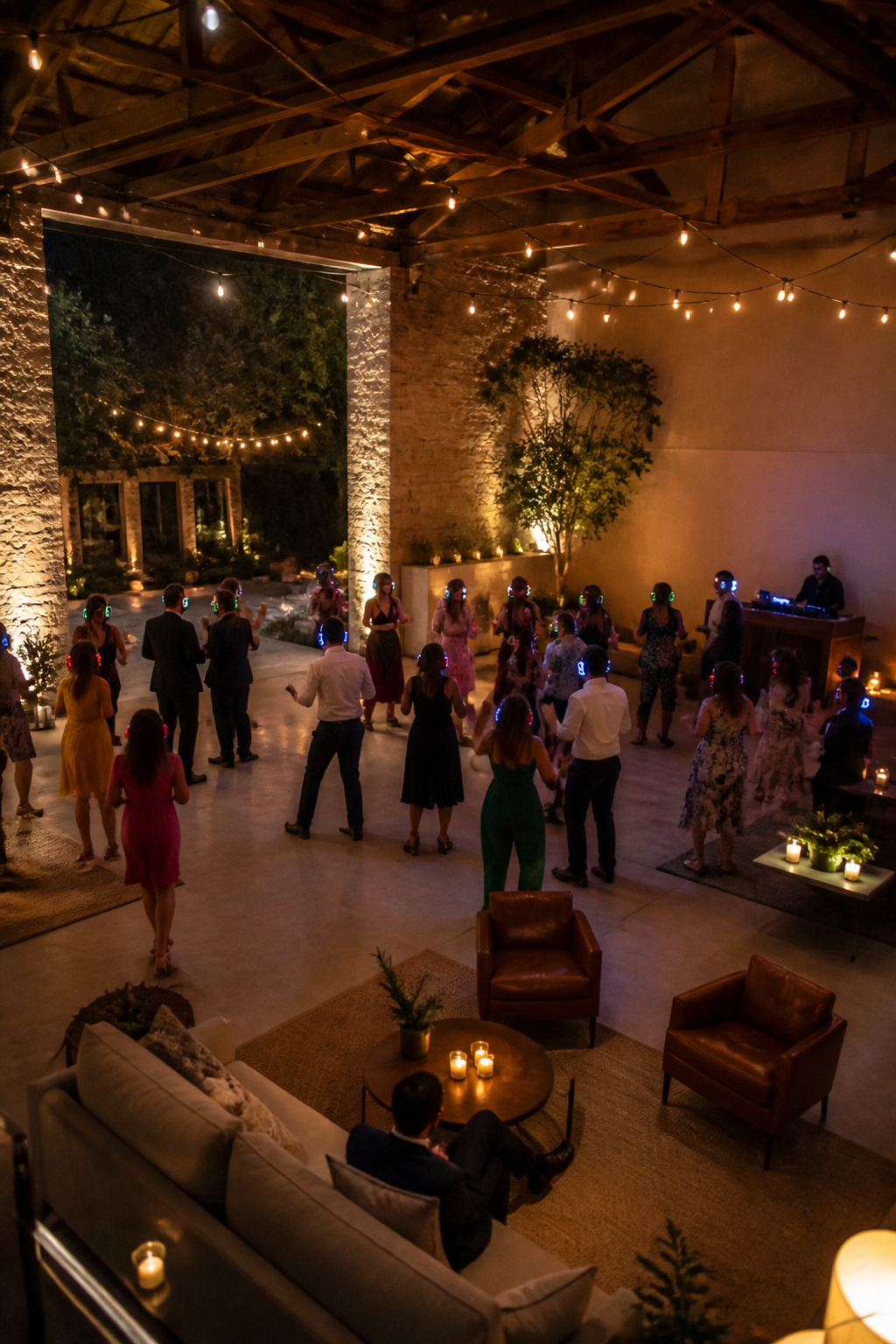 Guests wearing headphones at a silent disco during a wedding.