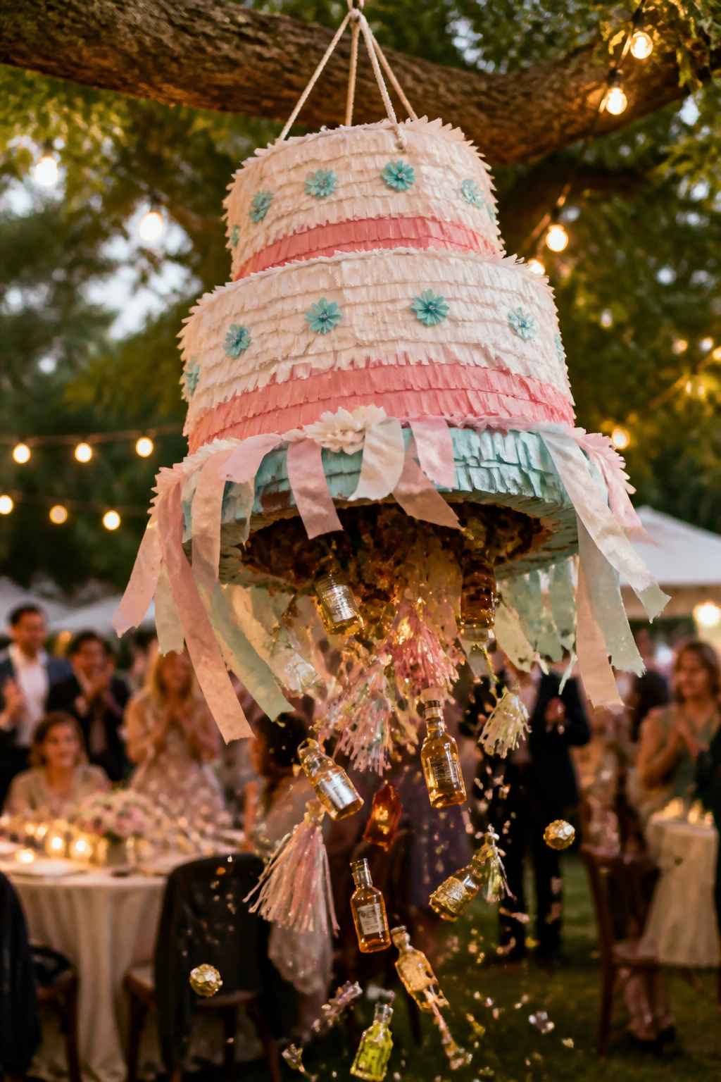 Guests gathered around a piñata at a wedding celebration.
