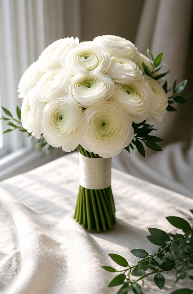 20 Wedding Ideas for a Memorable 2026 Celebration 1 A close-up of a white ranunculus bouquet on a light linen table.