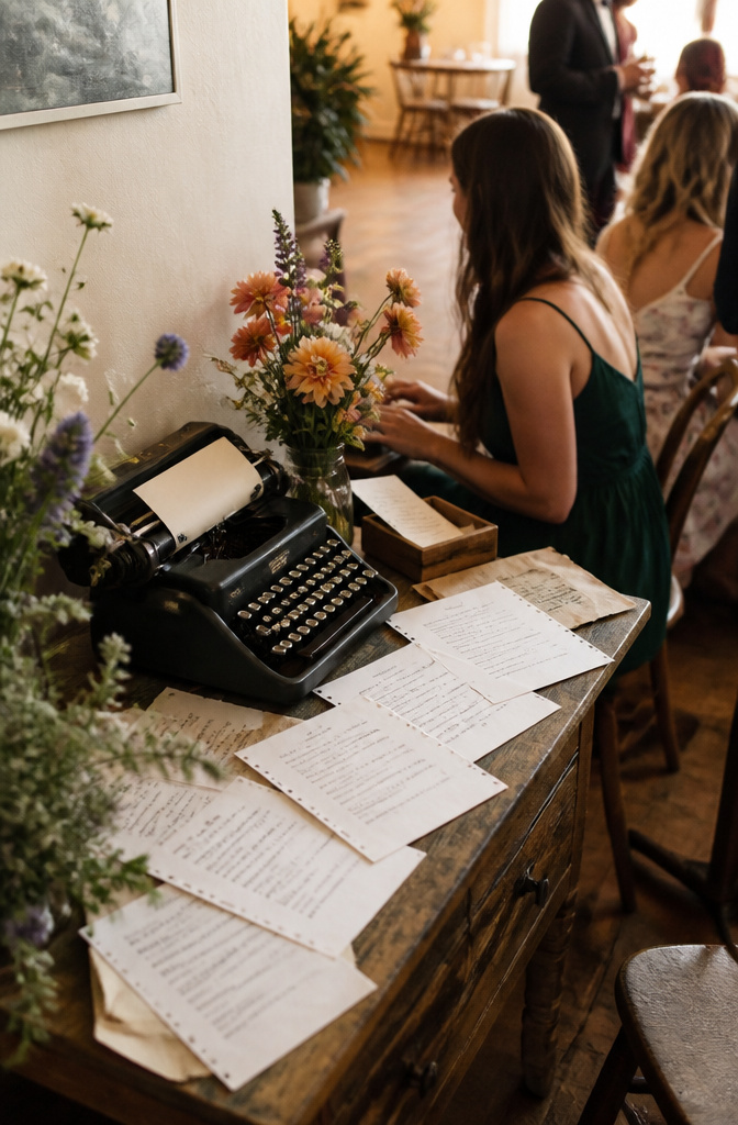 20 Wedding Ideas for a Memorable 2026 Celebration 11 A typewriter on a table with notes and flowers at a wedding.