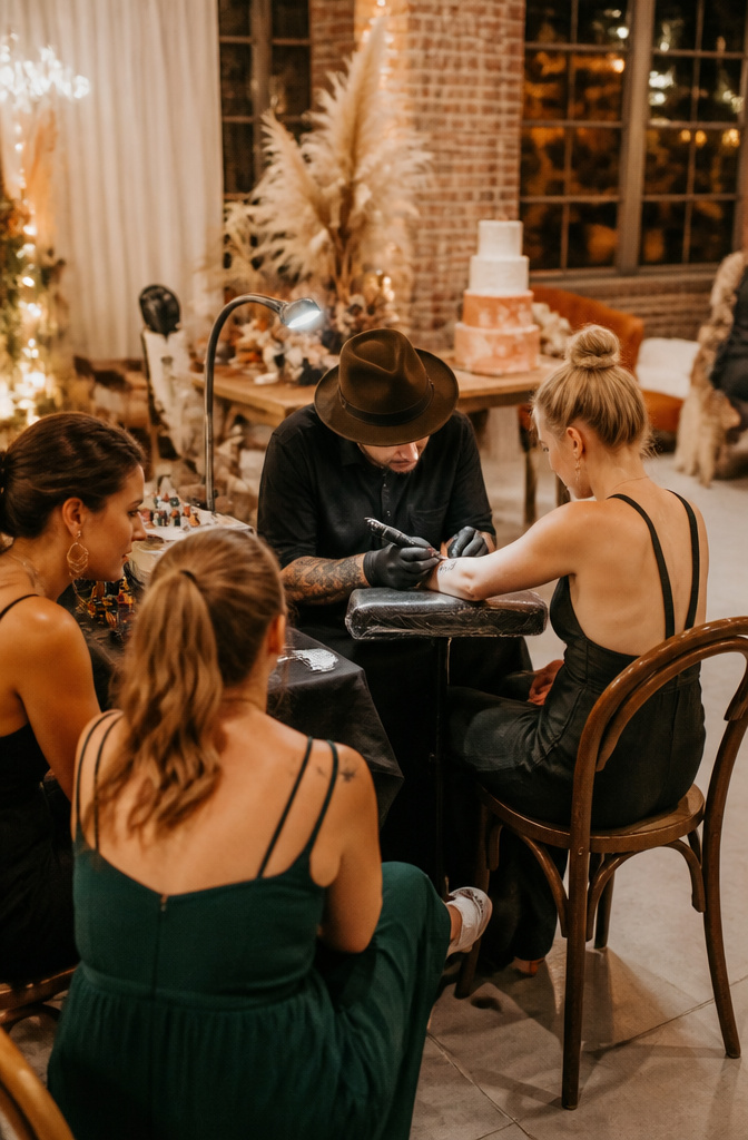 20 Wedding Ideas for a Memorable 2026 Celebration 14 A tattoo station set up at a wedding reception with guests discussing designs.