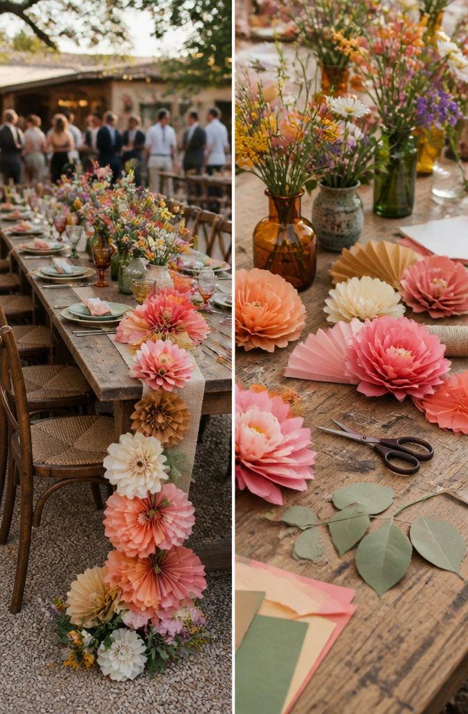 20 Wedding Ideas for a Memorable 2026 Celebration 19 Handmade decorations including paper flowers and painted signs at a wedding.