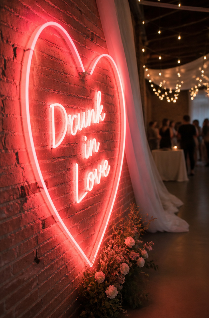 20 Wedding Ideas for a Memorable 2026 Celebration 7 A neon sign with the couple's names illuminated at a wedding.