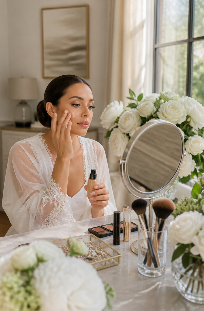 Lite Makeup Ideas for 2026: 10 Natural Looks to Try 10 Bride applying serum foundation surrounded by white roses and peonies.