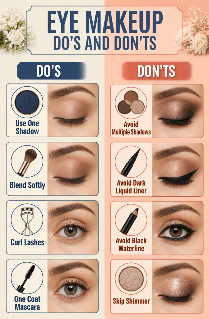 Lite Makeup Ideas for 2026: 10 Natural Looks to Try 15 Information image illustrating eye makeup do's and don'ts.