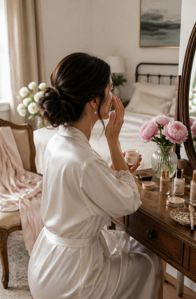 Lite Makeup Ideas for 2026: 10 Natural Looks to Try 6 Bride applying BB cream in a stylishly decorated bedroom.
