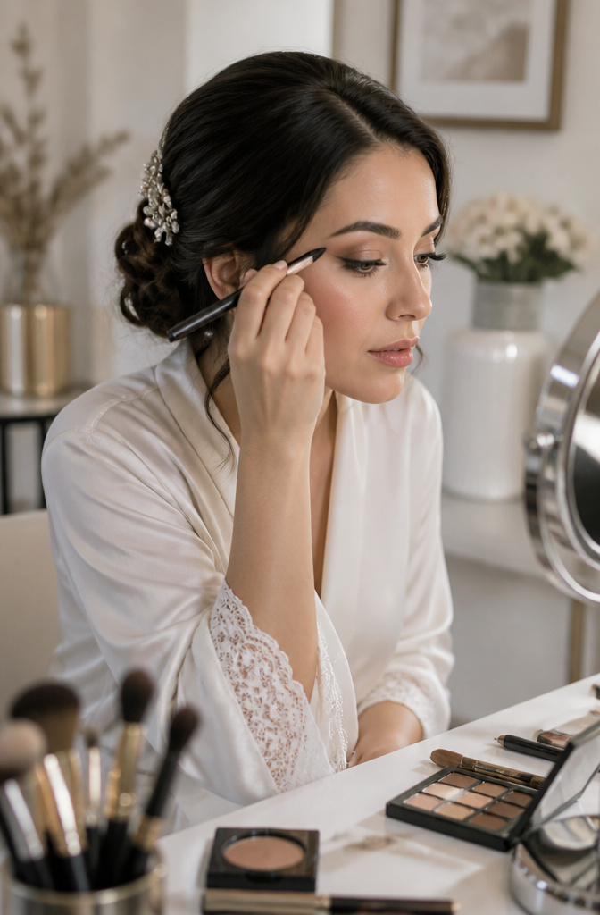 Lite Makeup Ideas for 2026: 10 Natural Looks to Try 7 Bride applying subtle smoky eye makeup in a softly lit studio.