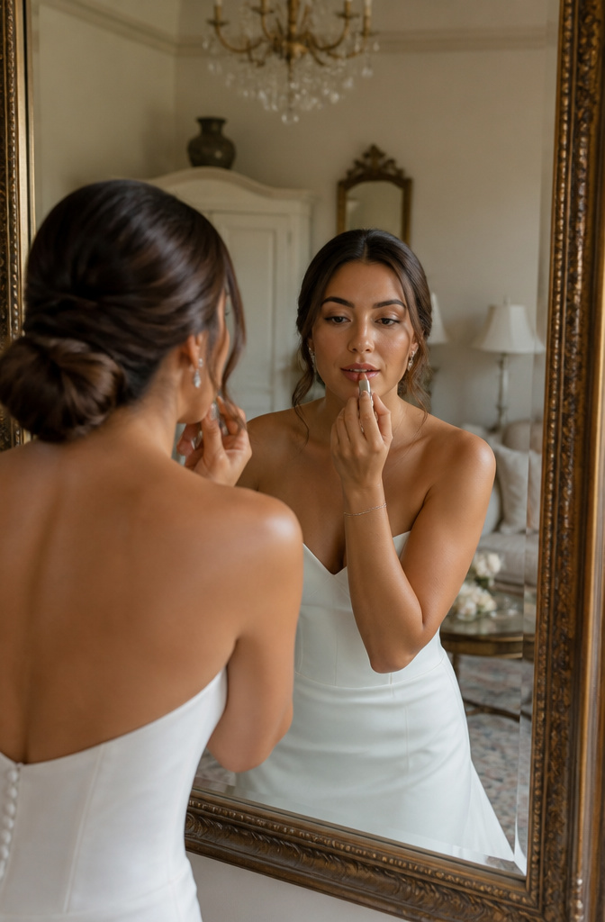 Lite Makeup Ideas for 2026: 10 Natural Looks to Try 8 Bride applying neutral eyeshadow and tinted balm in a vintage bridal suite.