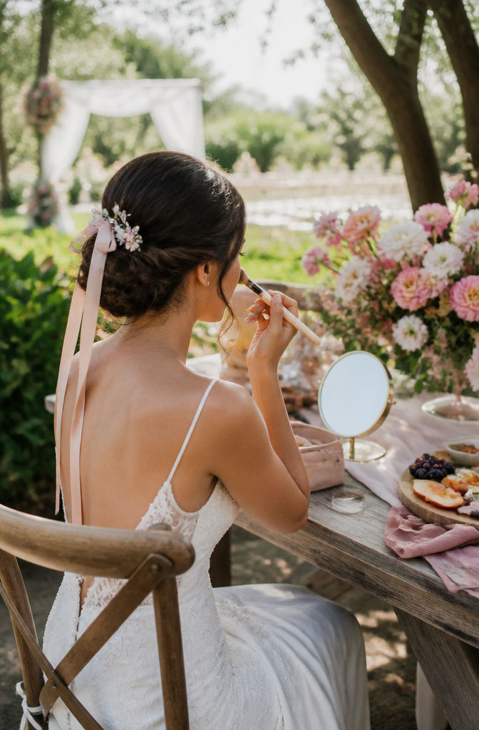 Lite Makeup Ideas for 2026: 10 Natural Looks to Try 9 Bride applying makeup in a bright garden with vibrant flowers.
