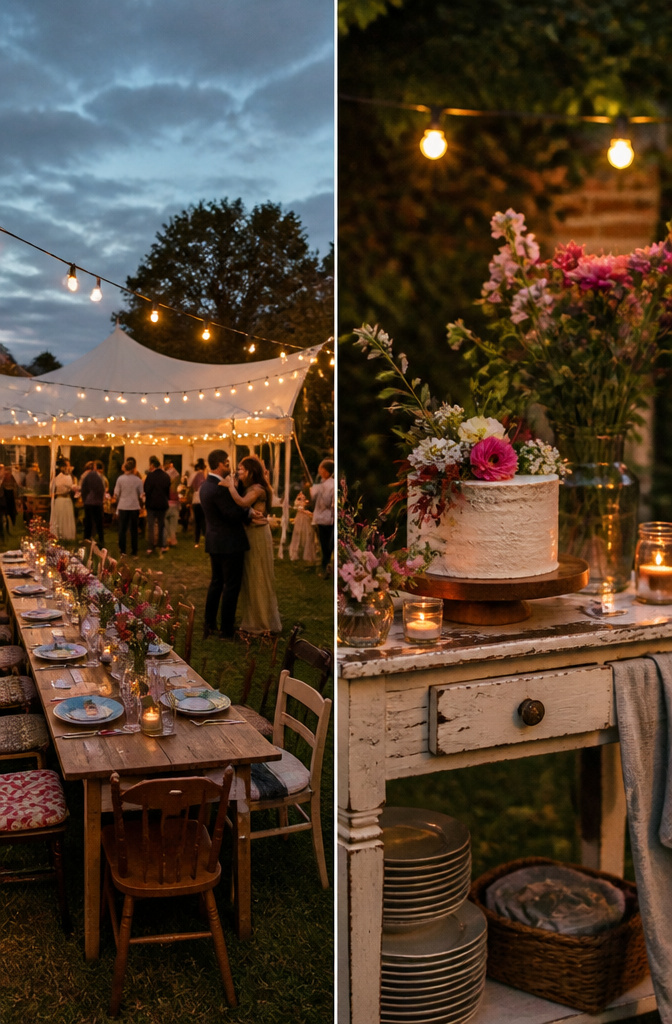 A backyard with chairs and decorations for a small wedding event.