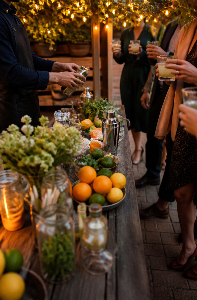 An interactive cocktail station with guests engaged in mixology.