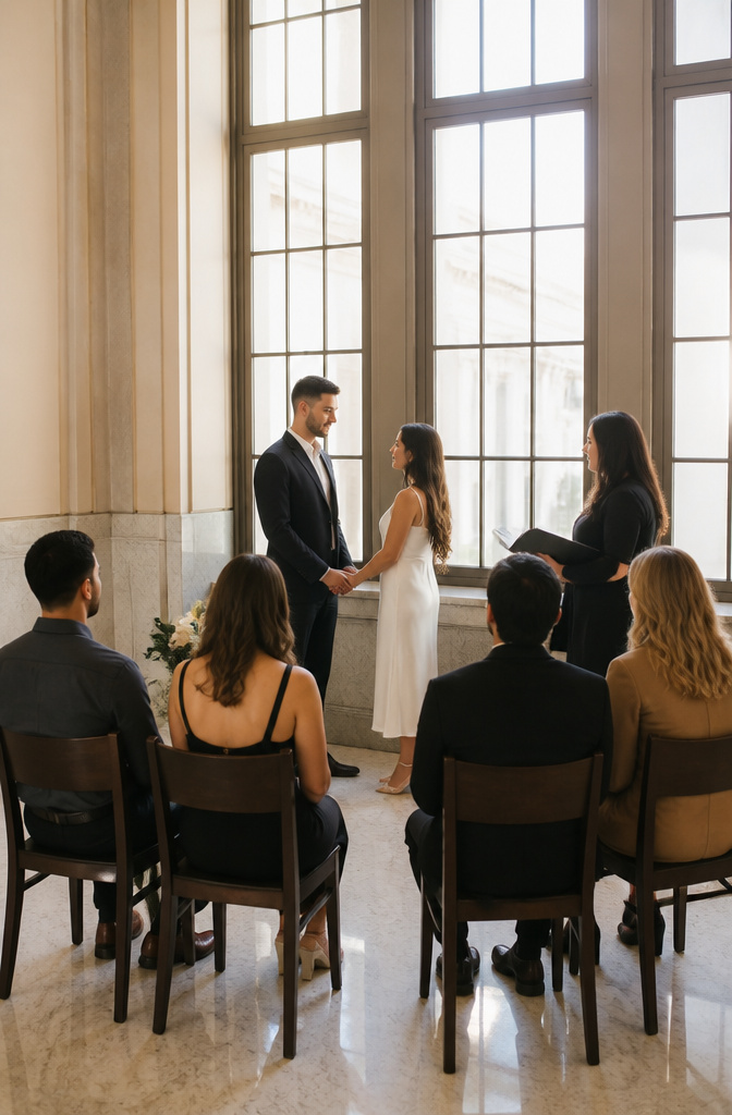A couple at a courthouse surrounded by a few witnesses during their vows.