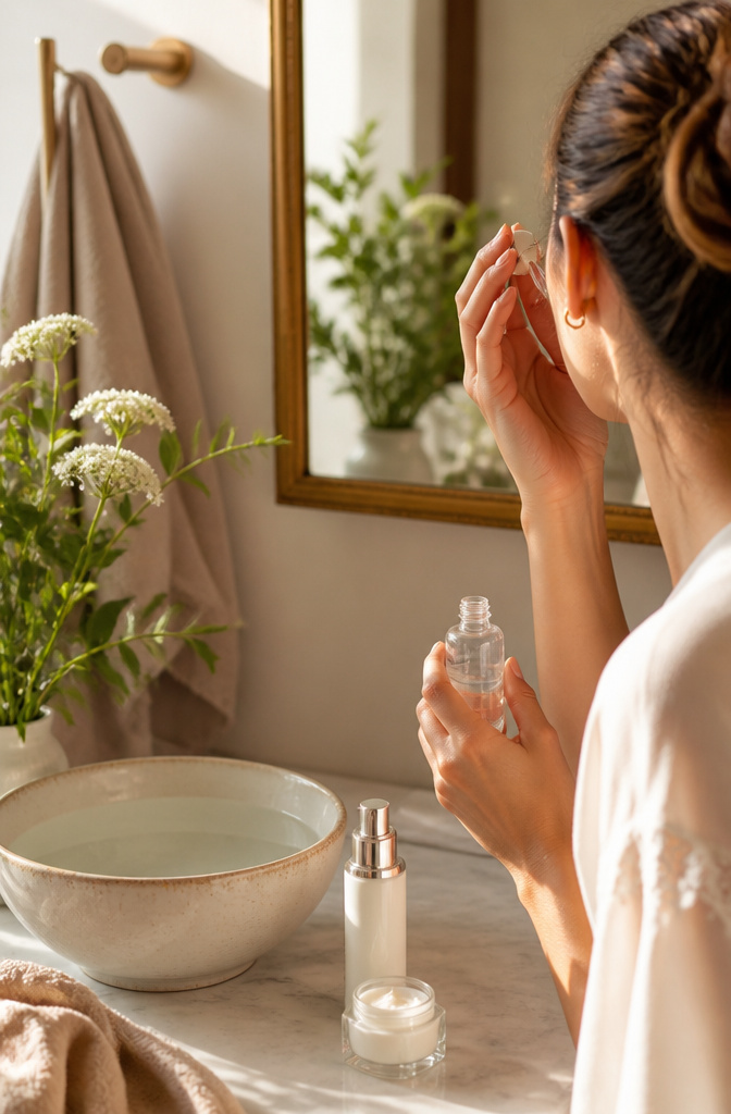Wedding Makeup: A 10-Step Guide to Your Bridal Look 1 A model's skin being treated with hydrating skincare products.