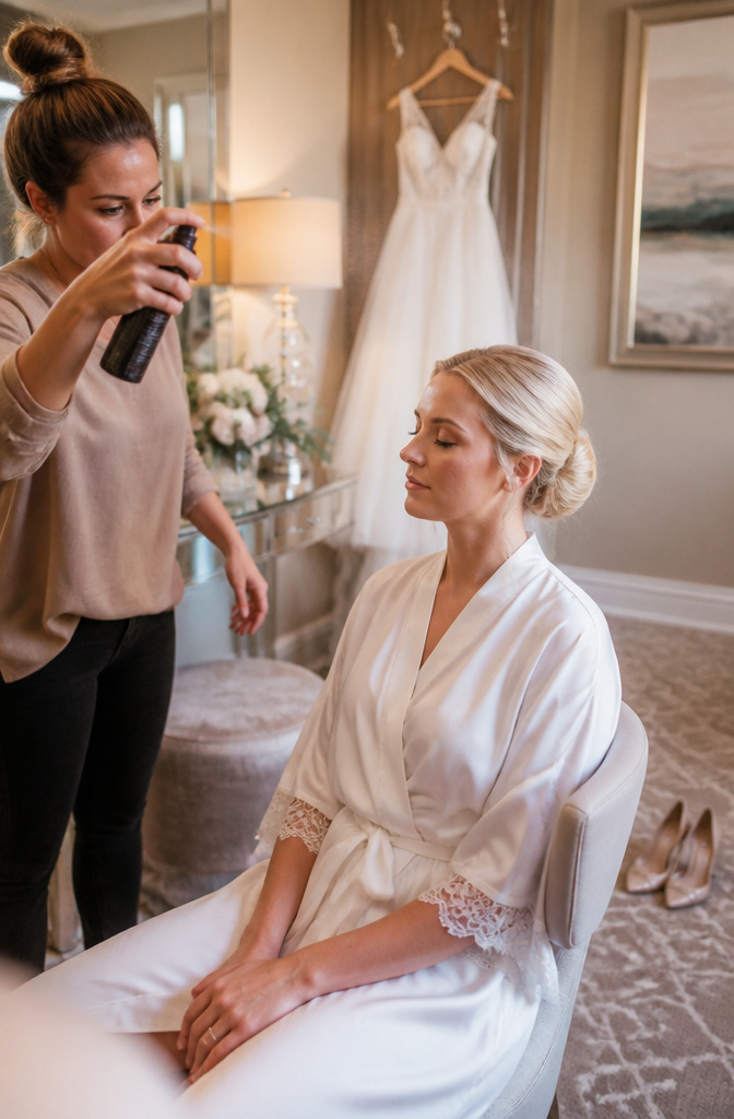 Wedding Makeup: A 10-Step Guide to Your Bridal Look 10 A makeup artist holding a setting spray for touch-ups in a bridal suite.