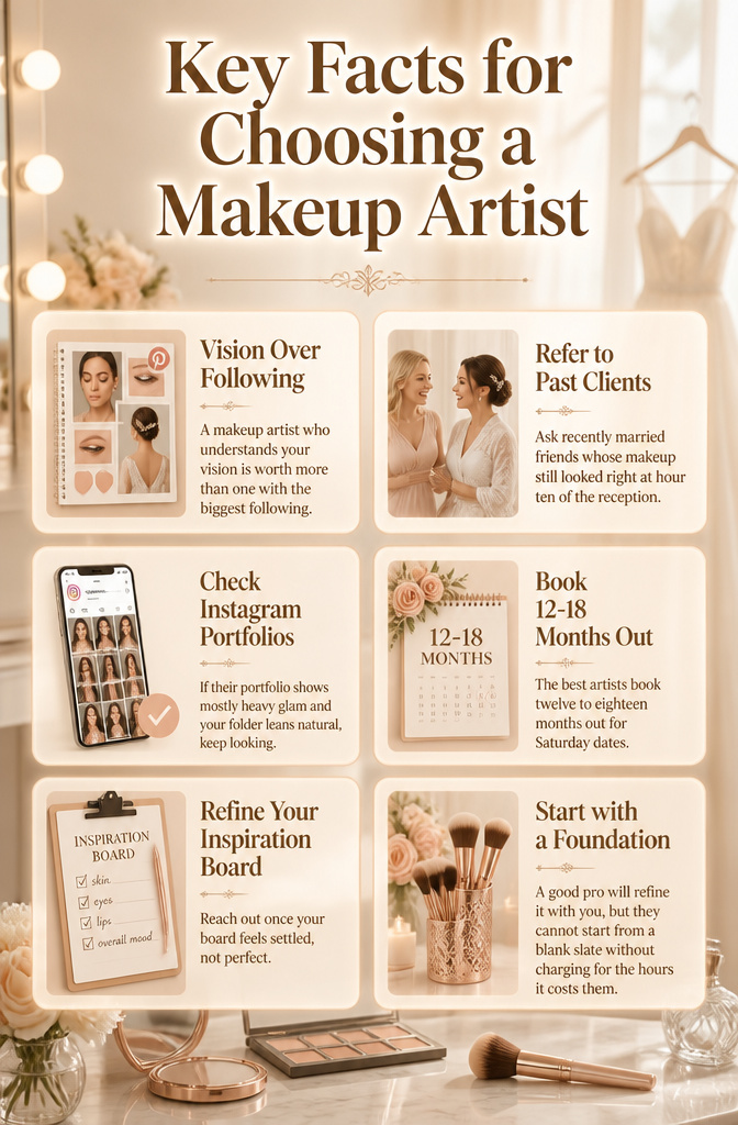 Wedding Makeup: A 10-Step Guide to Your Bridal Look 11 Key facts for choosing a makeup artist displayed in an informative image.