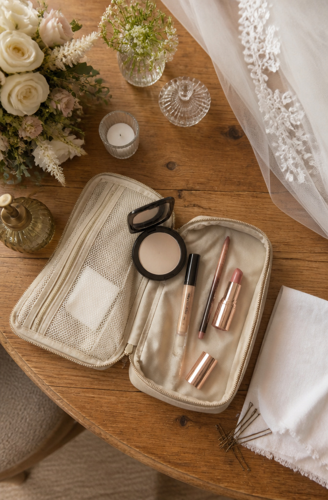 Wedding Makeup: A 10-Step Guide to Your Bridal Look 13 A compact bag filled with mini makeup products for touch-ups.