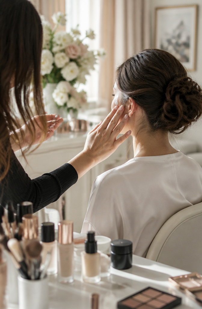 Wedding Makeup: A 10-Step Guide to Your Bridal Look 2 A makeup artist spreading primer on a model's skin at a makeup station.