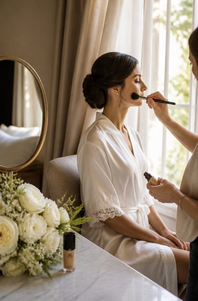 Wedding Makeup: A 10-Step Guide to Your Bridal Look 3 A model being painted with foundation in a softly lit bridal suite.
