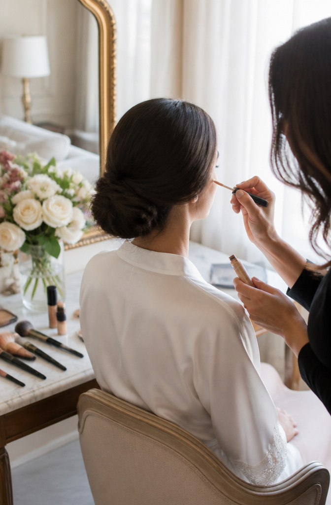 Wedding Makeup: A 10-Step Guide to Your Bridal Look 4 A model receiving concealer application at a chic vanity.