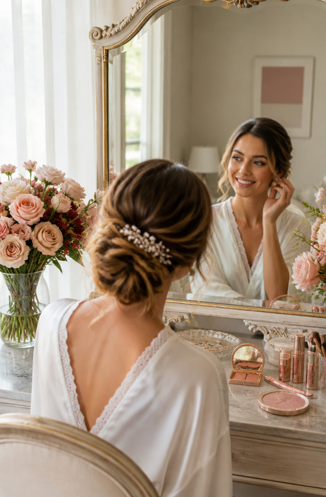 Wedding Makeup: A 10-Step Guide to Your Bridal Look 6 A model looking in the mirror with colorful blush and bronzer applied.