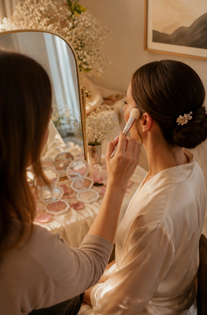 Wedding Makeup: A 10-Step Guide to Your Bridal Look 7 A model receiving highlighter application at a makeup vanity.