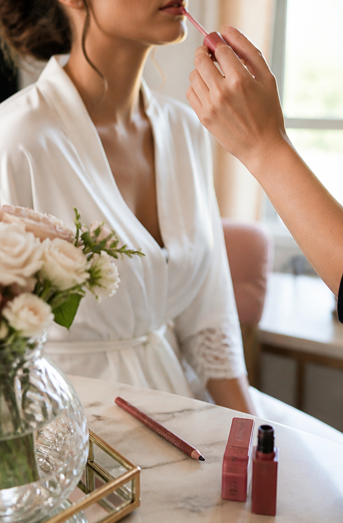 Wedding Makeup: A 10-Step Guide to Your Bridal Look 9 A model having vibrant lip color applied in a refined makeup studio.