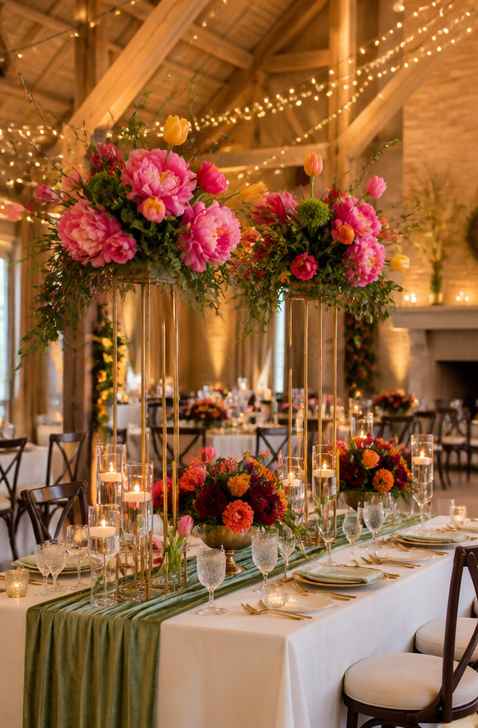 10 Reception Decor Ideas for Every Wedding Style in 2026 1 Tall floral arrangements with peonies and tulips on reception tables.
