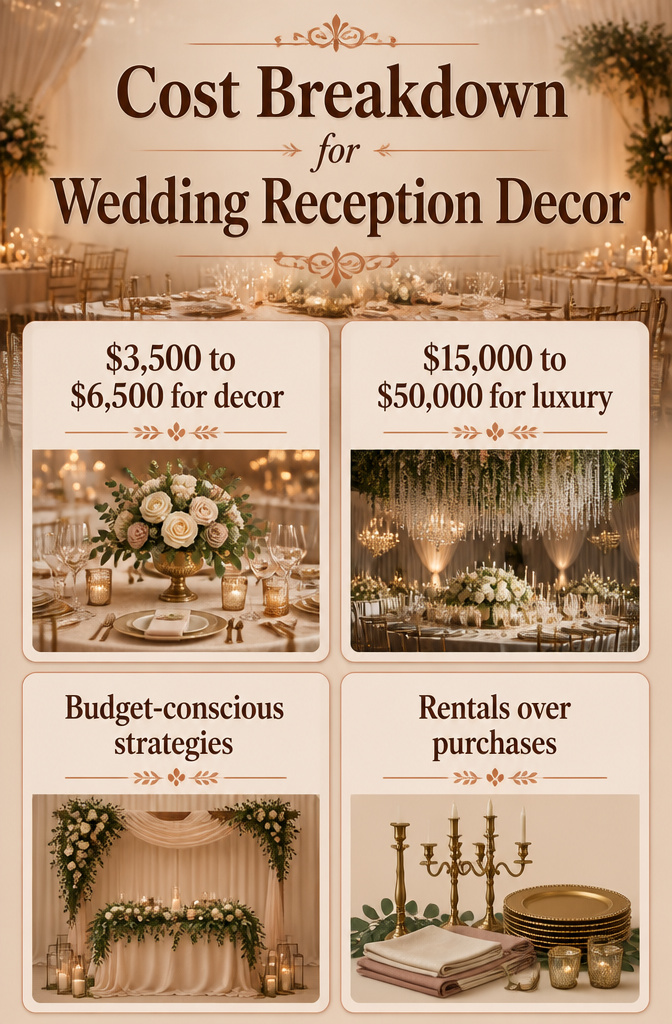 10 Reception Decor Ideas for Every Wedding Style in 2026 13 Cost breakdown graphic for wedding reception decor.