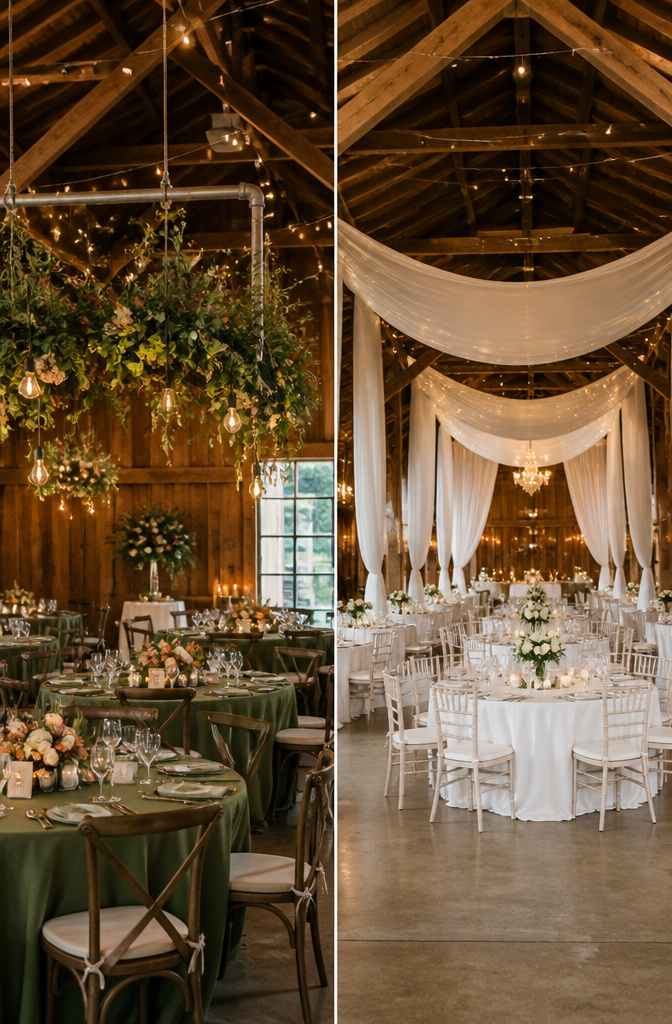 10 Reception Decor Ideas for Every Wedding Style in 2026 15 Interior of a barn venue with high ceilings for a wedding reception.
