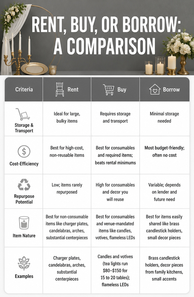 10 Reception Decor Ideas for Every Wedding Style in 2026 16 Comparison chart for renting, buying, or borrowing wedding decor.