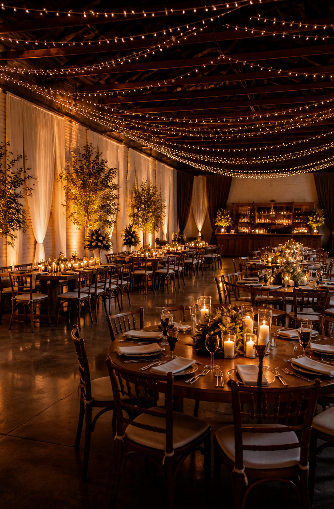 10 Reception Decor Ideas for Every Wedding Style in 2026 2 Ceiling adorned with string lights spaced apart for atmospheric lighting.