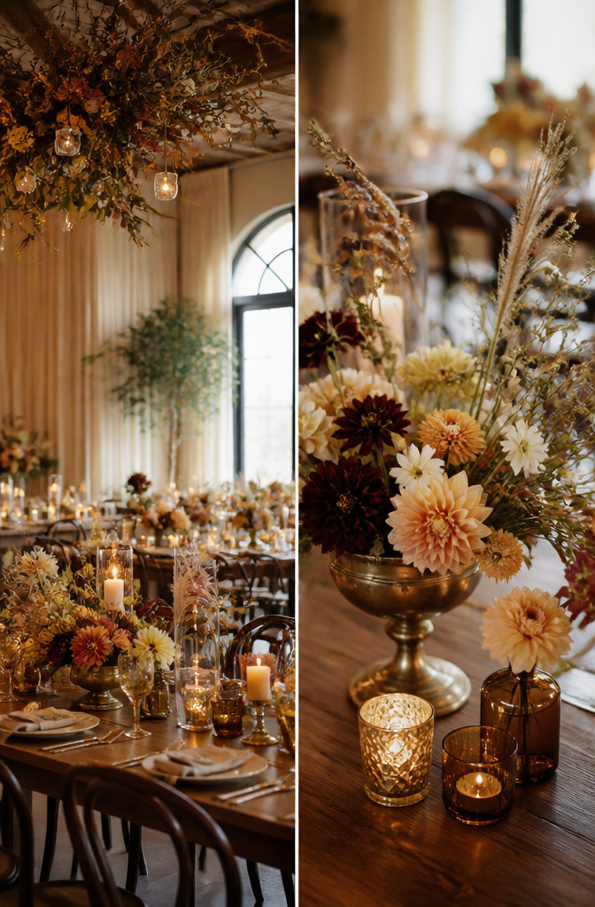 10 Reception Decor Ideas for Every Wedding Style in 2026 8 Centerpieces featuring antique vessels and seasonal flowers on reception tables.