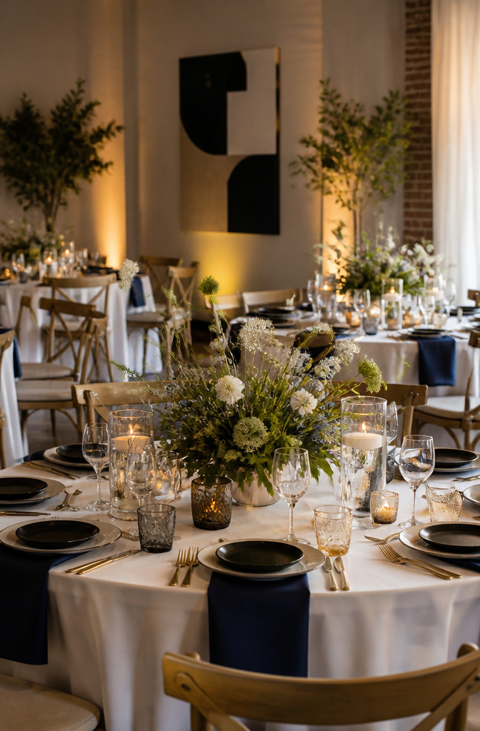10 Reception Decor Ideas for Every Wedding Style in 2026 9 Tables dressed in white linens with navy napkins at a wedding reception.