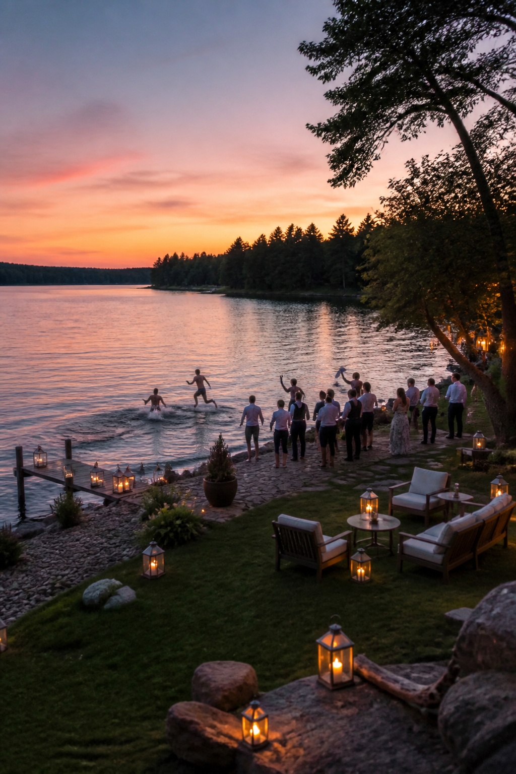 Wedding guests swimming in a lake at night.