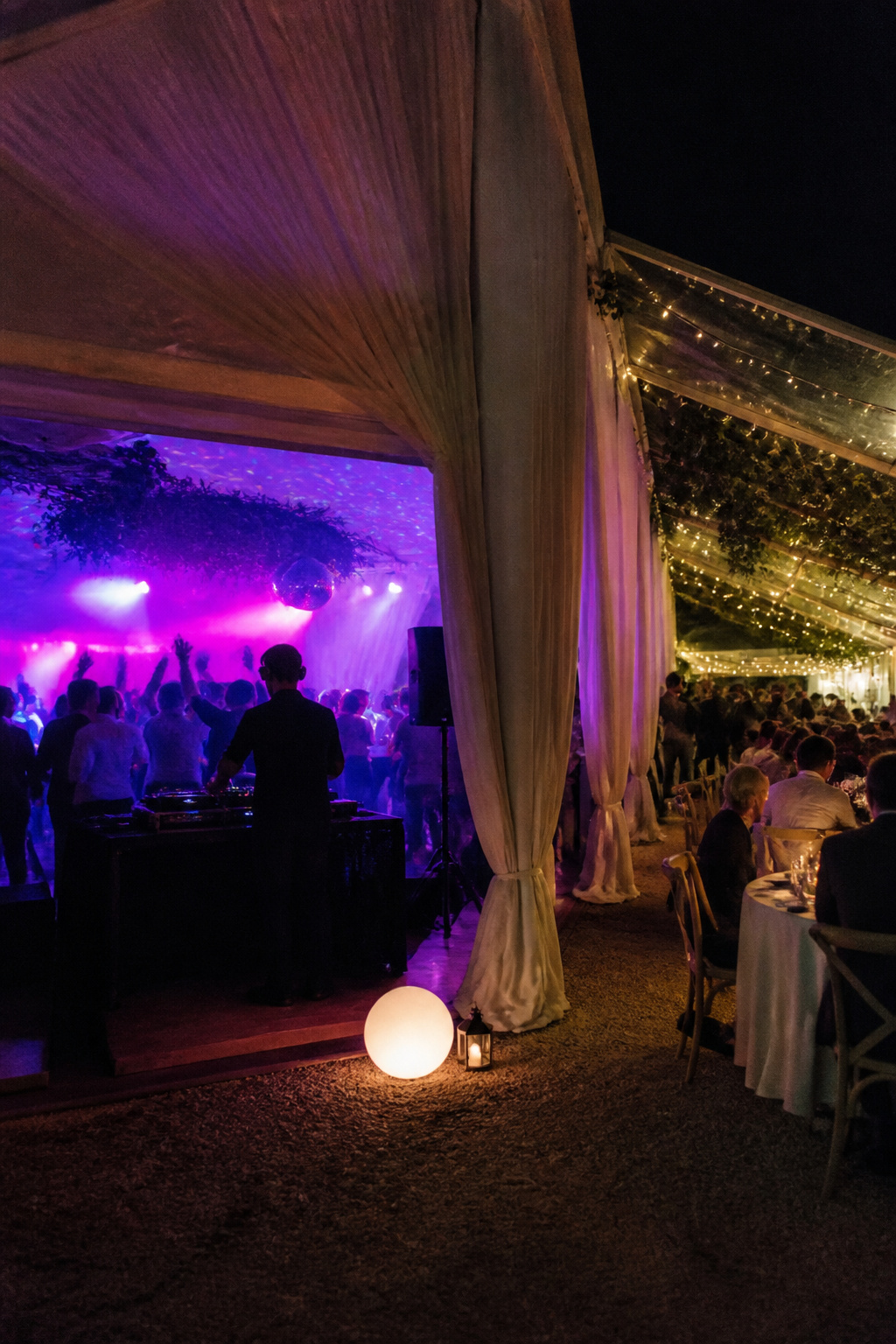 Guests dancing at a mini rave during a wedding reception.