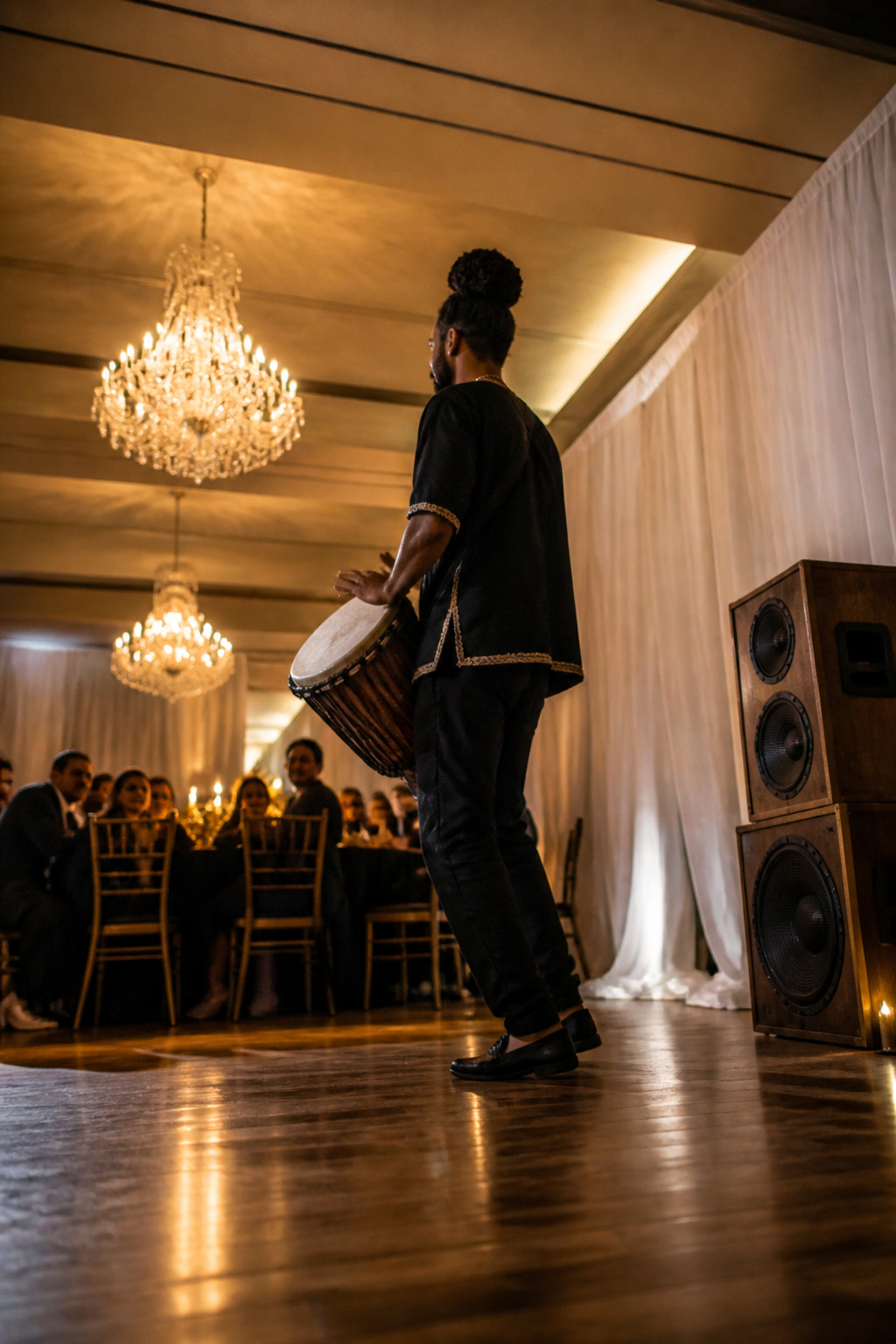 Drummer performing as guests await the couple's arrival.