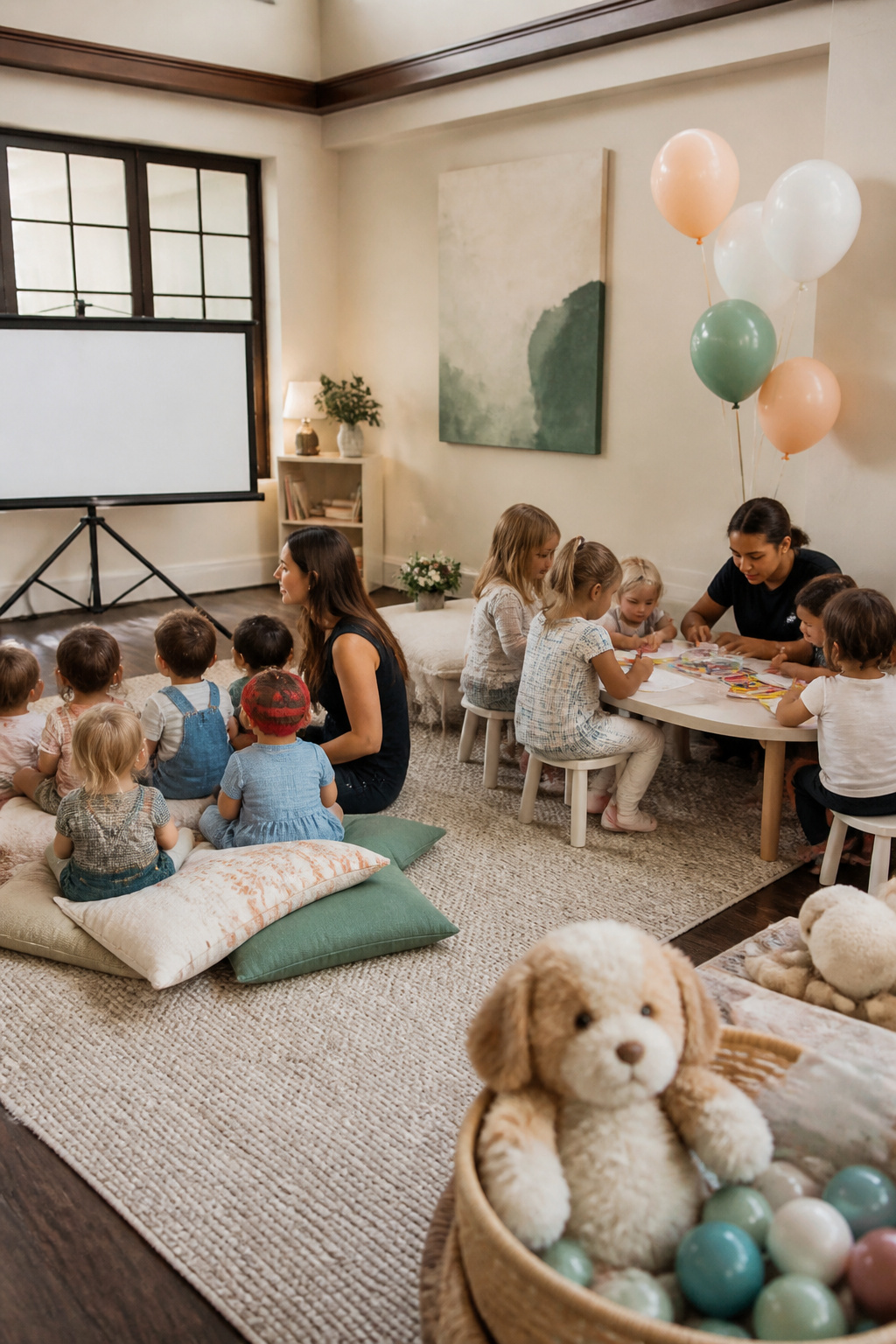 Kids' area at a wedding reception with activities and a movie.