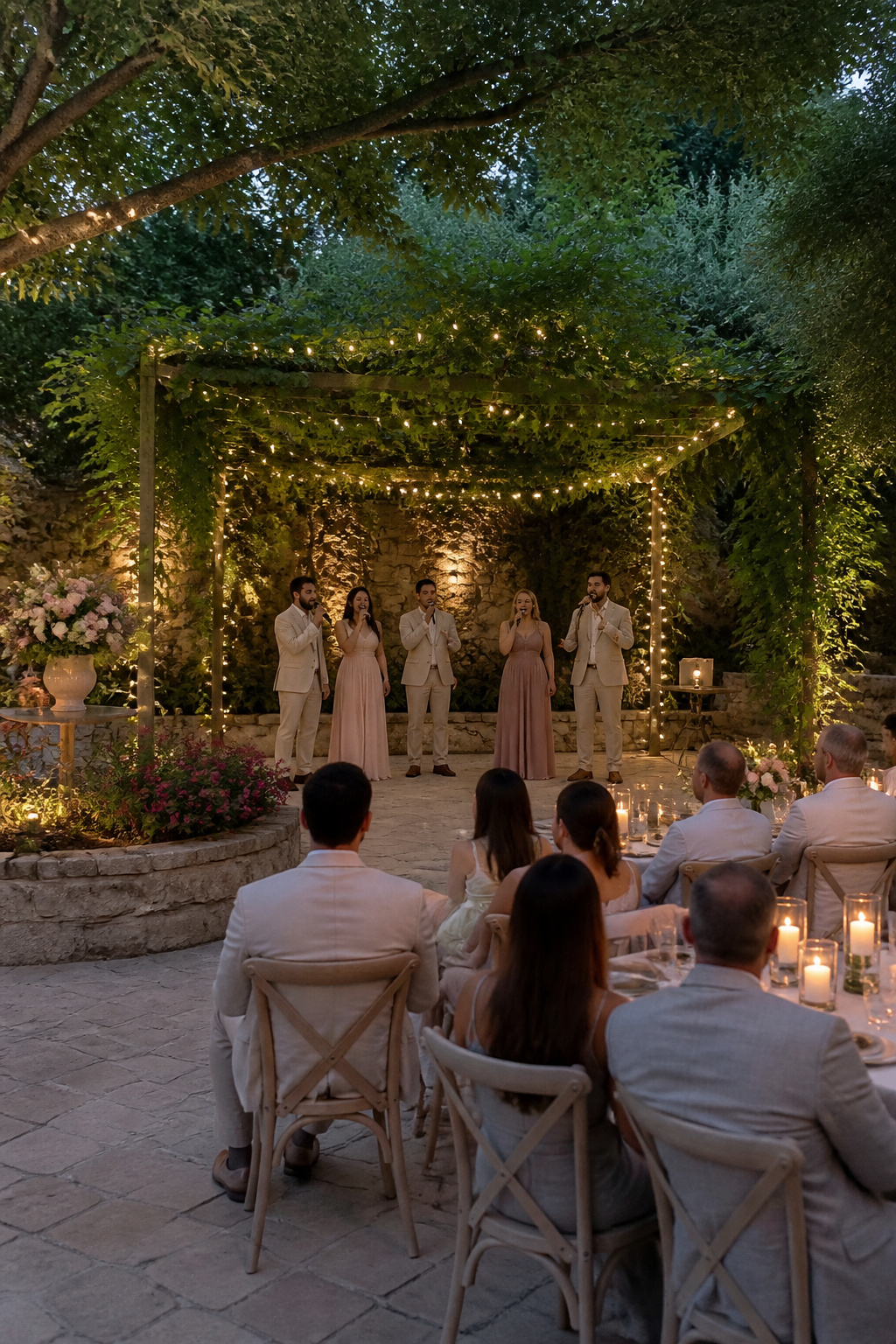 Vocal group performing in the center of a wedding reception.