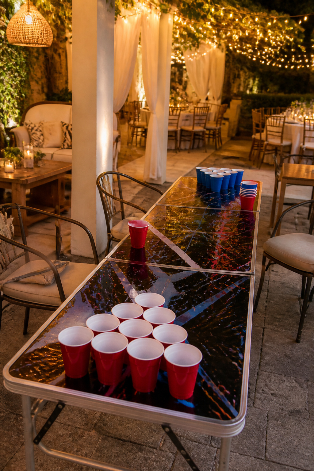Beer pong table set up at a wedding reception.