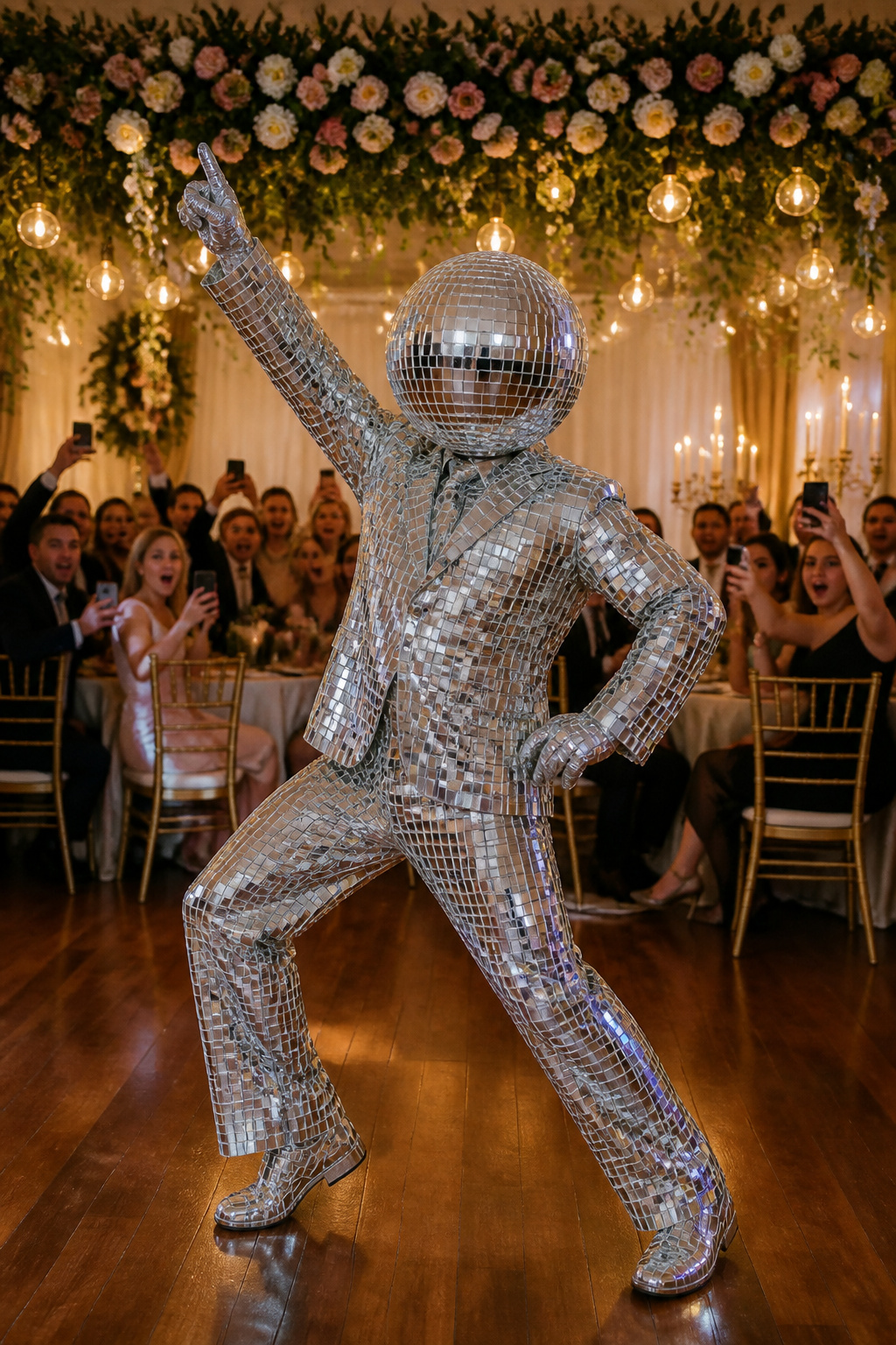 Guests performing a flash mob dance at a wedding.