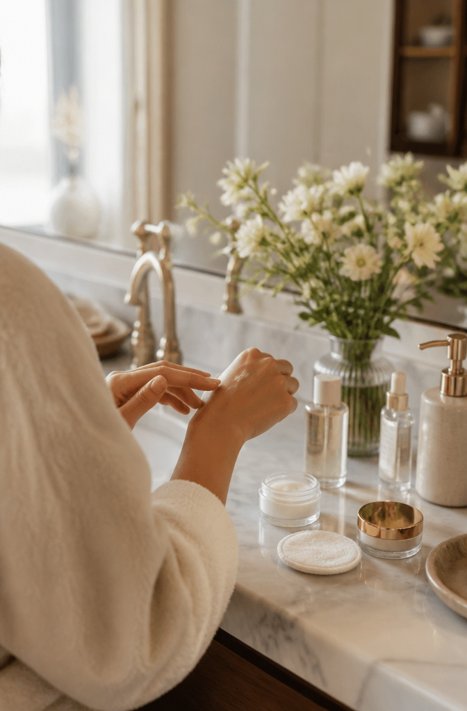 Simple Makeup Pictures: 11 Ideas for Everyday Looks (2026) 14 Model applying moisturizer in a nicely decorated bathroom.