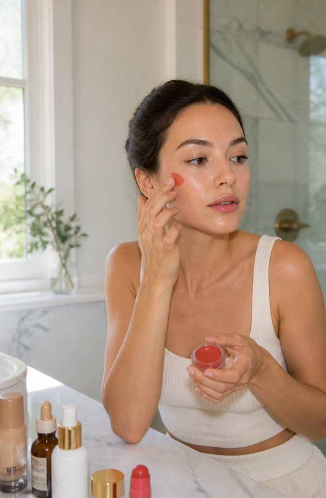 Simple Makeup Pictures: 11 Ideas for Everyday Looks (2026) 5 Model applying skin tint with luxurious skincare products nearby.