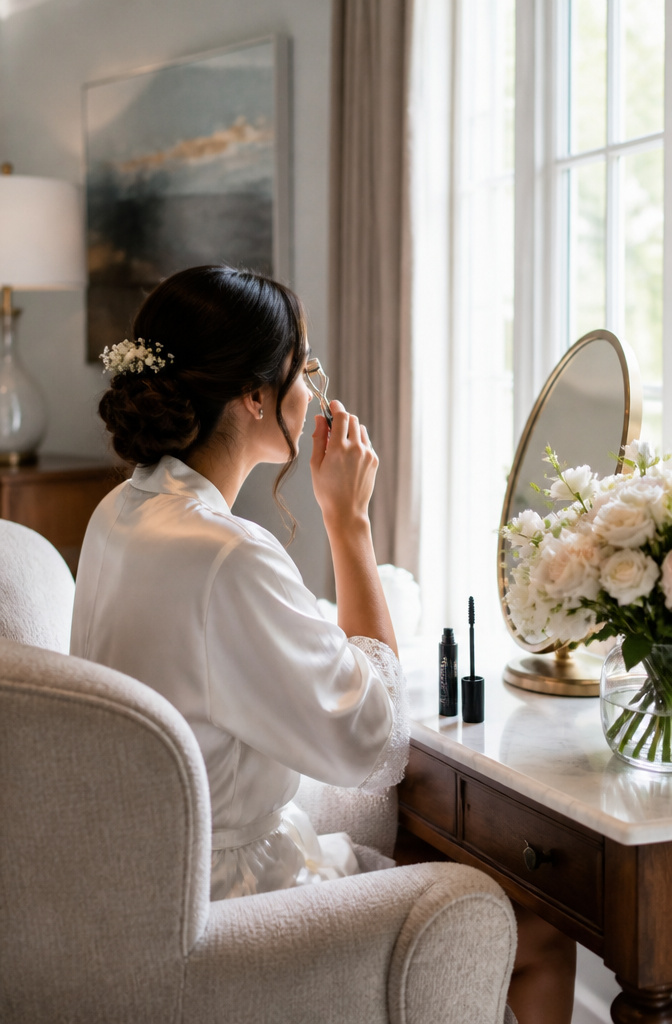 Simple Makeup Pictures: 11 Ideas for Everyday Looks (2026) 7 Model using a lash curler in a bright bridal suite.
