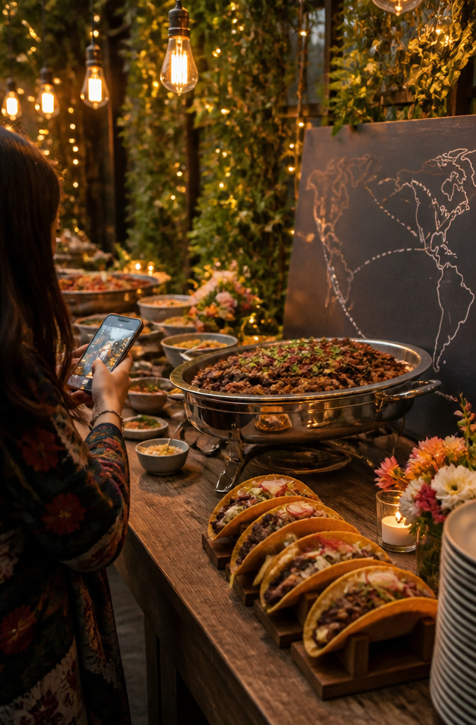A buffet table displaying fusion dishes like tacos and brisket.