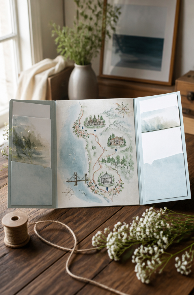 An invitation suite featuring an illustrated map with watercolor accents.