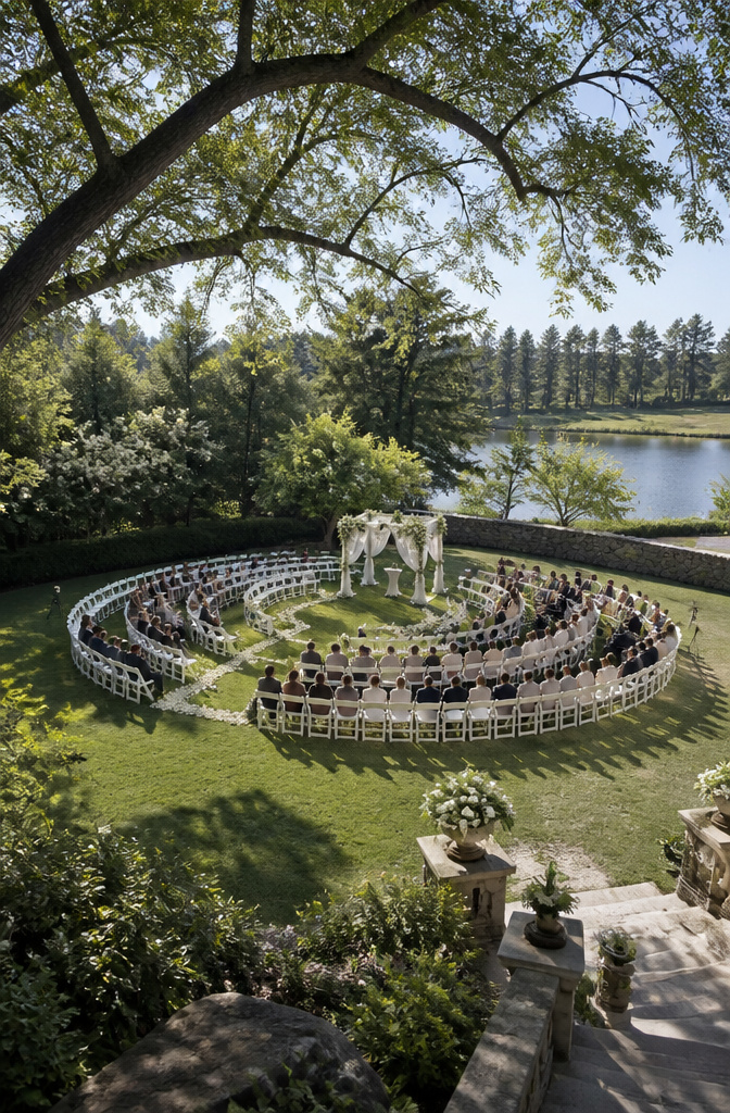 Guests seated in a circular arrangement during a wedding ceremony.