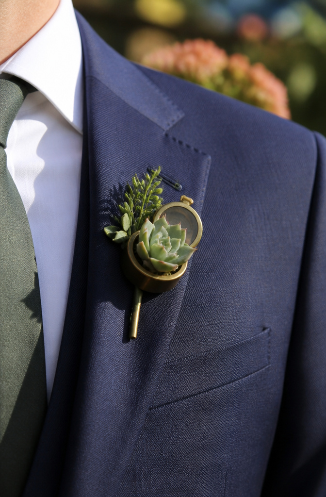 A close-up of a groomsman's lapel with a succulent boutonniere.